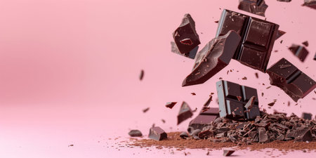 Pieces of broken chocolate falling on a pink backgroundの素材