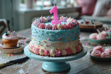 Birthday cake with candle number one yearの素材