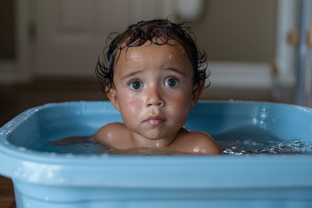 Child bathes in bathtub with foam.の素材
