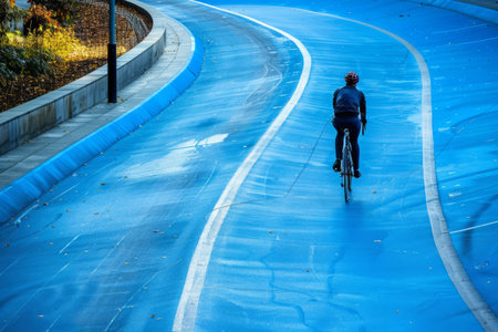 cyclist rides along the road in the cityの素材