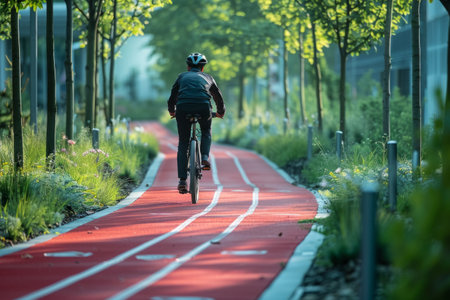 cyclist rides on a bike pathの素材
