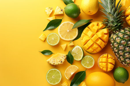 Tropical fruits yellow background flat lay. Copy space for textの素材