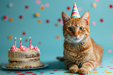 Funny cat in a birthday hat with a birthday cakeの素材