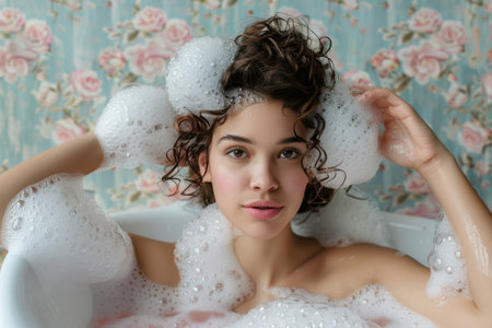 Young woman taking bubble bathの素材