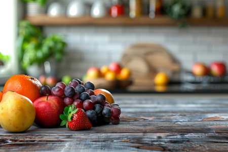 Fresh fruits on the table against a blurred kitchen backgroundの素材