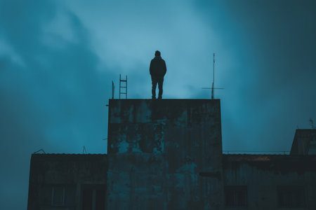 Man on the roof preparing to commit suicideの素材