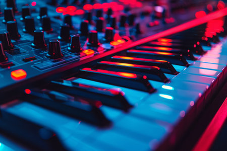 Synthesizer keyboard close-up. Audio equipmentの素材