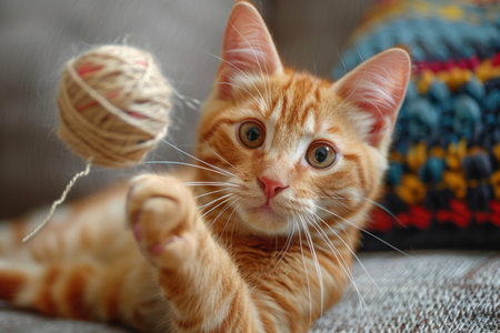 Red cat playing with a ball of yarnの素材