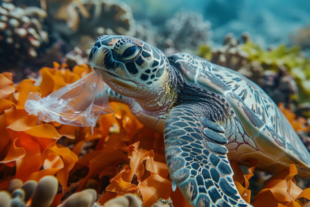 Turtle and plastic bag underwater in the ocean, environmental pollutionの素材