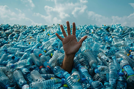 hand raised from a mountain of garbageの素材