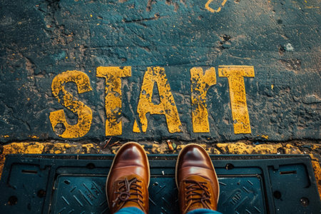 feet on the road in front of the word start, goal achievement conceptの素材