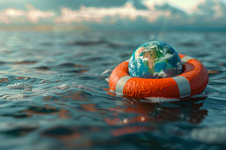 Planet earth in lifebuoy in the ocean, environment conceptの素材