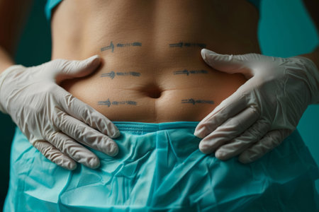 woman with markings on her stomach before liposuction plastic surgeryの素材