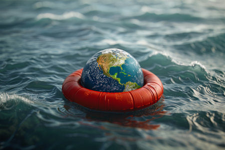 Planet earth globe in life preserver in the ocean, save planet conceptの素材