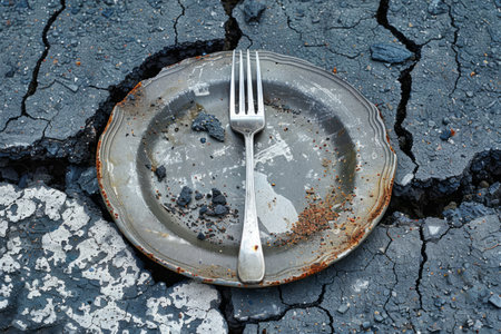 Empty dirty plate on cracked ground, symbol of hungerの素材