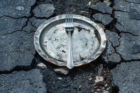 Empty dirty plate on cracked ground, symbol of hungerの素材