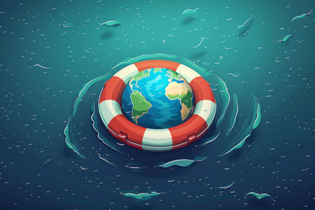 Planet earth globe in a lifebuoy in the water in illustration style, planet saving conceptの素材