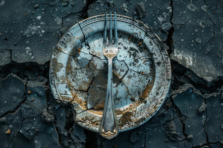 Empty plate on cracked ground, symbol of hungerの素材
