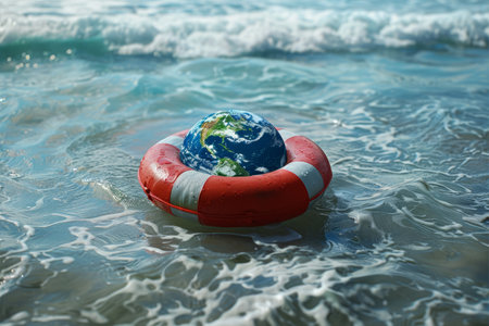 Planet earth in lifebuoy in the ocean, environment conceptの素材