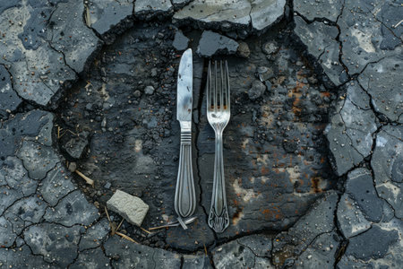 Knife and fork on an empty place in the dirt, concept of hunger and povertyの素材