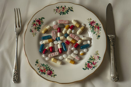 Plate with pills, treatment concept, medicineの素材