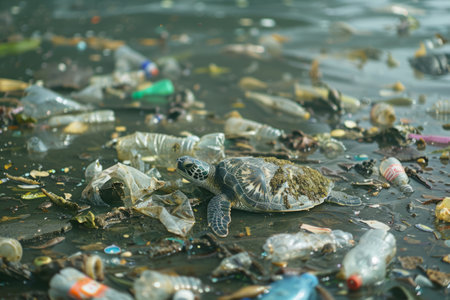 Turtle in plastic trash on the shoreの素材