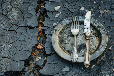Empty dirty plate on cracked ground, symbol of hungerの素材