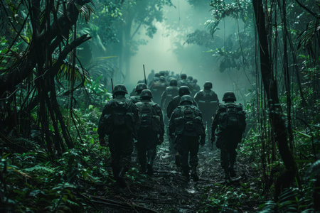 Group of soldiers in military uniform in the forestの素材