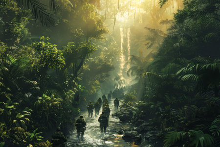 Group of soldiers walking in the forest on a missionの素材