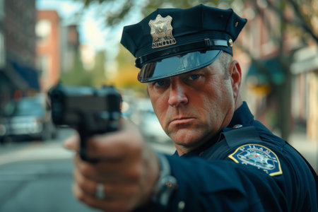 Serious police officer cop pointing the gunの素材
