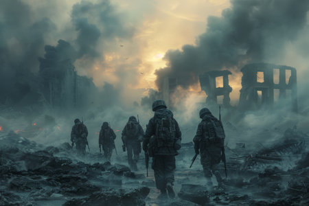 War, a group of soldiers in the smoke in a destroyed cityの素材