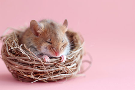 Funny mouse sleeping in nest on a pink backgroundの素材
