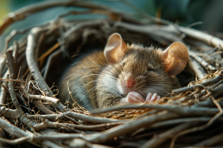 Funny mouse sleeping in a nest made of strawの素材