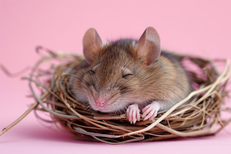 Funny mouse sleeping in nest on a pink backgroundの素材