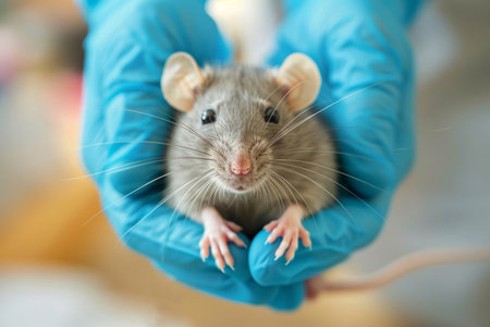 White mouse in the hands of a laboratory assistant in the laboratoryの素材