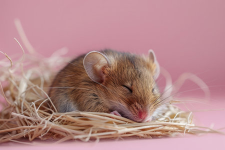 Funny mouse sleeping in nest on a pink backgroundの素材
