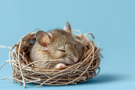 Funny little mouse sleeping in nest on a blue backgroundの素材