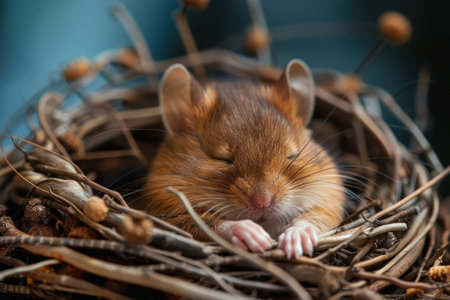 Funny little mouse sleeping in nest from dry grassの素材
