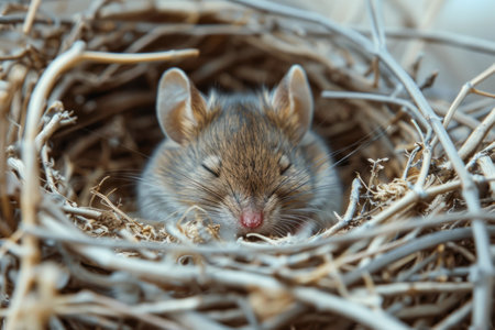 Funny mouse sleeping in a nest made of strawの素材
