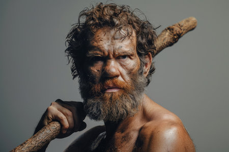 caveman, primitive man with spear stickの素材