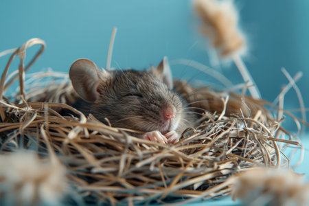 Funny little mouse sleeping in nest on a blue backgroundの素材