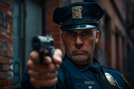Serious police officer cop pointing the gunの素材