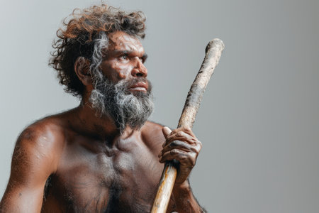 Cave primitive man in animal skin with a spear. Copy space for text. Copy space for textの素材