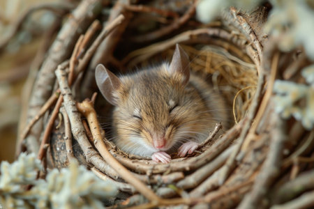Funny little mouse sleeping in nest from dry grassの素材