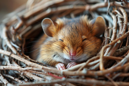 Funny mouse sleeping in a nest made of strawの素材