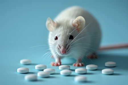 White laboratory mouse and pills on a blue background, concept for testing new drugsの素材