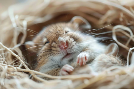 Funny mouse sleeping in a nest made of strawの素材