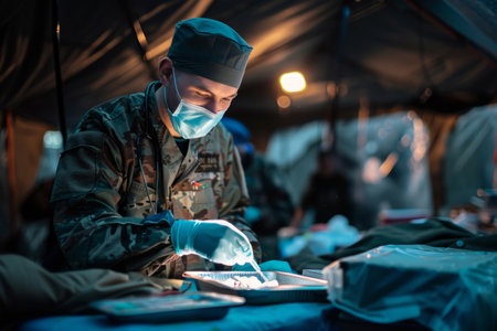 surgeon performs an operation in a military hospitalの素材