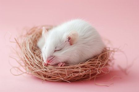 Funny mouse sleeping in nest on a pink backgroundの素材