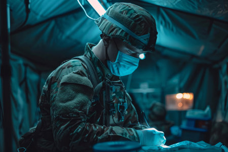 surgeon performs an operation in a military hospitalの素材